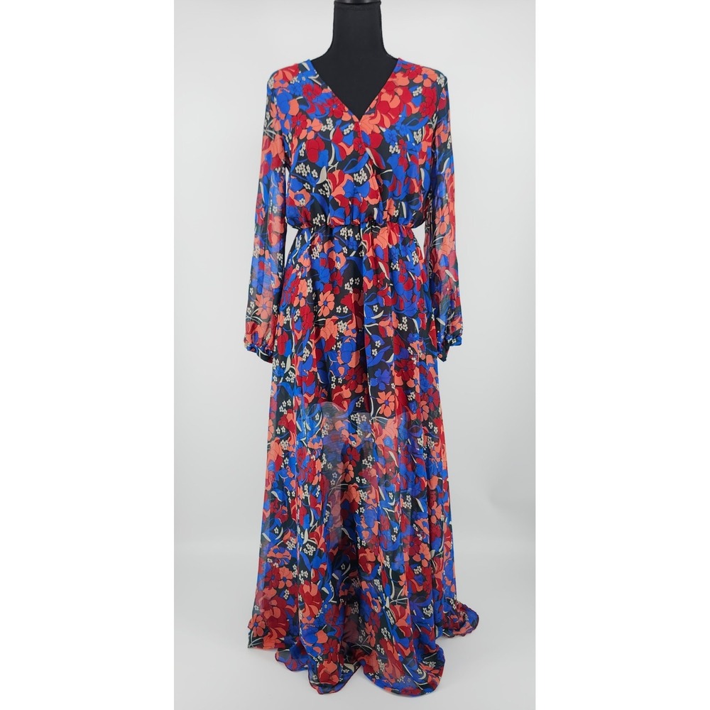 Aakaa Womens Floral Maxi Dress Blue Red Long Sleeve‎ V-Neck Elastic Waist Small